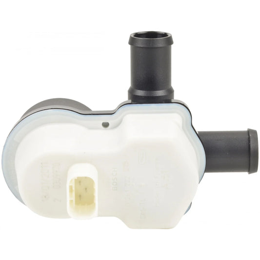 A Bosch automotive sensor component with a white plastic body, black plastic connector tubes, and a small beige electrical connector port, shown on a plain white background.