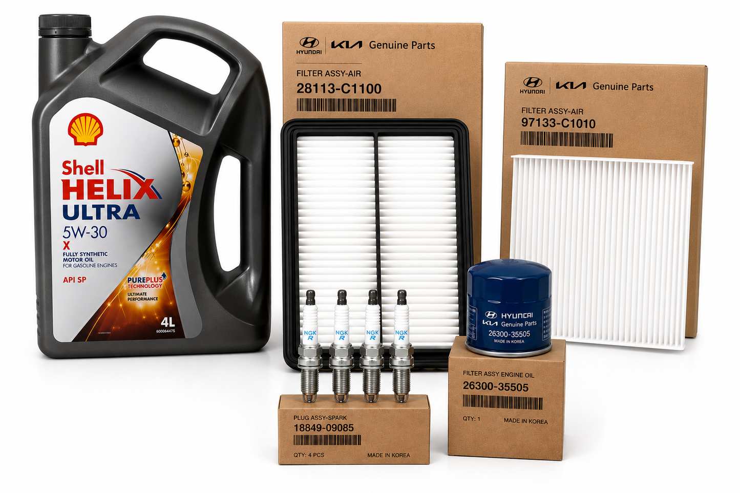 Kia Optima 2018 Service Kit – Shell Helix Ultra 5W-30 Engine Oil 4L with Oil Filter, Air Filter, Cabin Filter & Spark Plugs