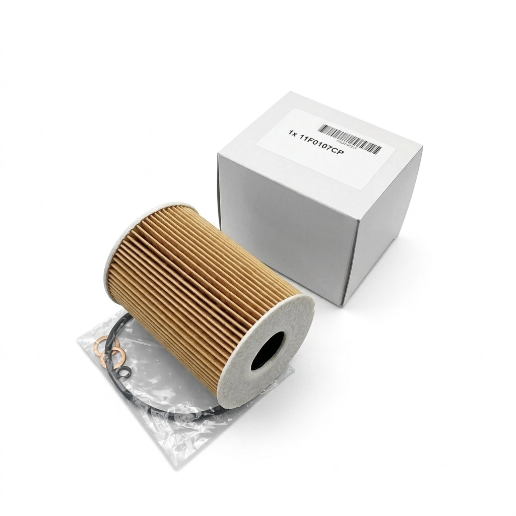 A cylindrical pleated oil filter with a tan paper body and white ends, shown next to its white product box and a small clear plastic bag containing gaskets, on a white background.