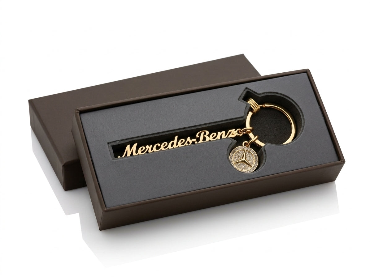 Genuine Mercedes-Benz Gold Script Keyring with Strass Crystal Charm