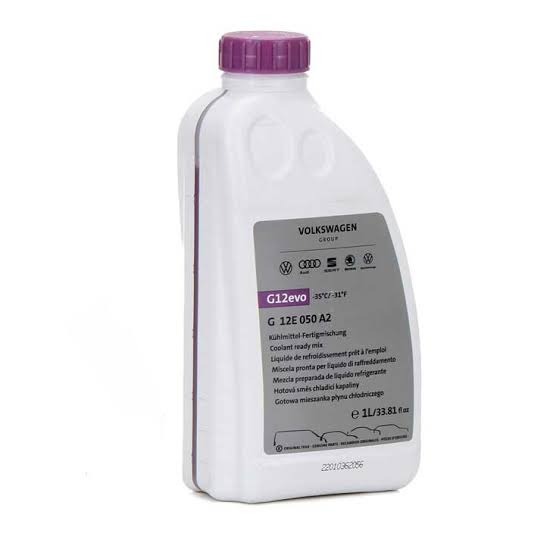 1-liter bottle of genuine Volkswagen Group ready-mixed G12 evo coolant and antifreeze designed for VW, Audi, Skoda, and SEAT vehicles